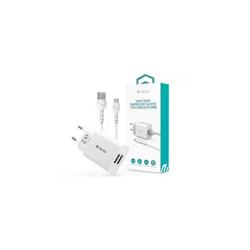 CARGADOR DEVIA DUAL USB 2.4A + CABLE TIPO C BLANCO