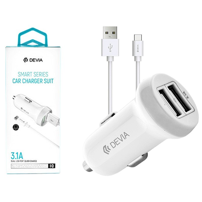 CARGADOR COCHE DEVIA DOBLE USB 3.1A + CABLE MICRO A USB BLANCO